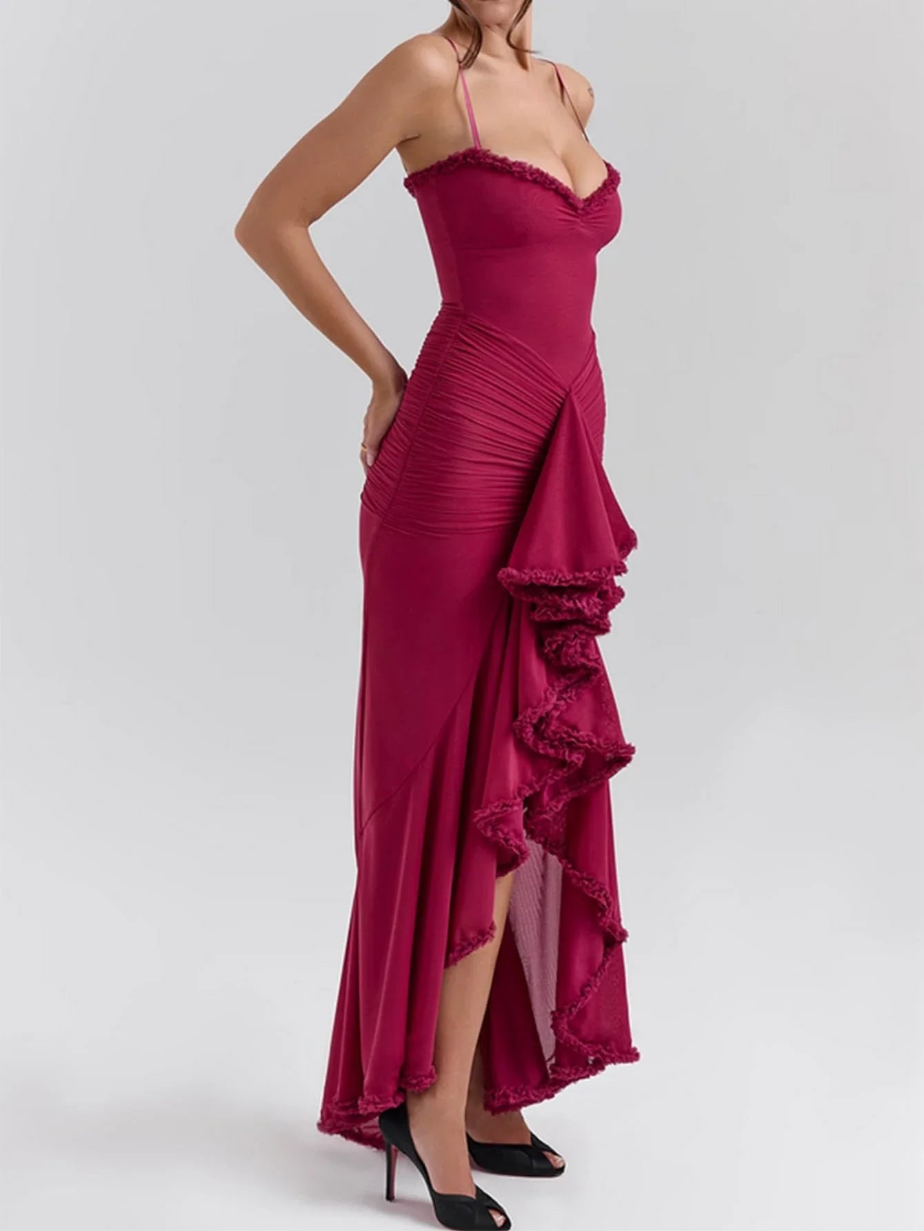 Glamorous Sweetheart Neck Spaghetti Strap Ruched Ruffle-Trimmed High-Low Mermaid Evening Dress