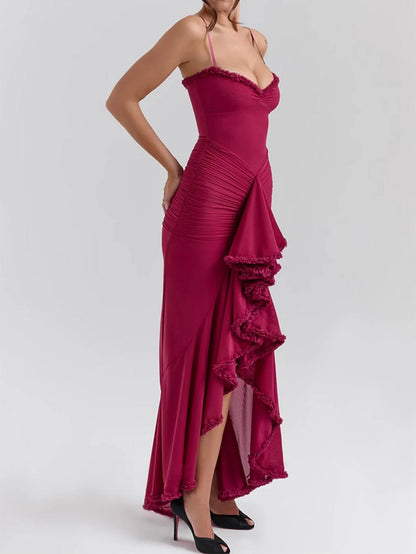 Glamorous Sweetheart Neck Spaghetti Strap Ruched Ruffle-Trimmed High-Low Mermaid Evening Dress