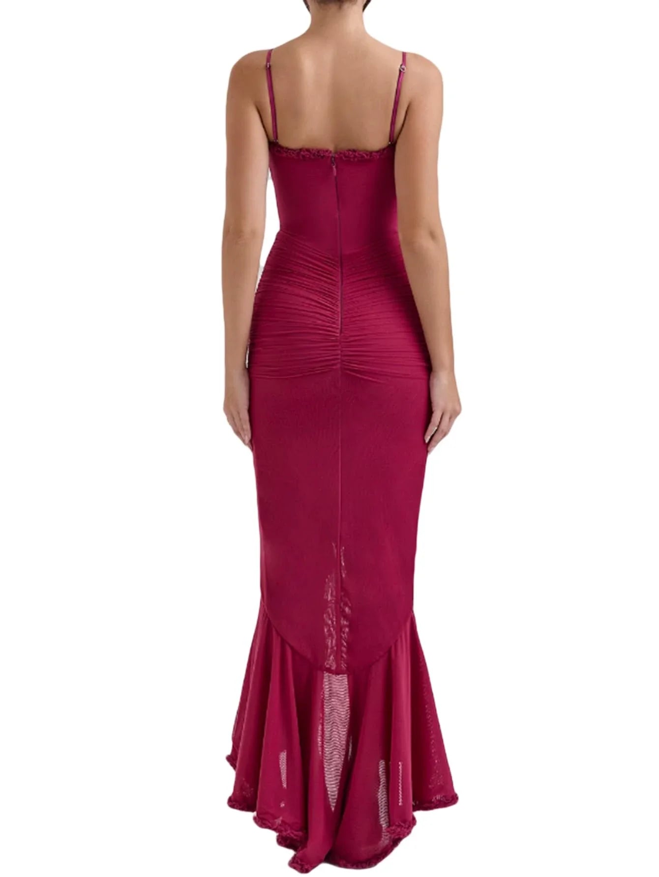 Glamorous Sweetheart Neck Spaghetti Strap Ruched Ruffle-Trimmed High-Low Mermaid Evening Dress