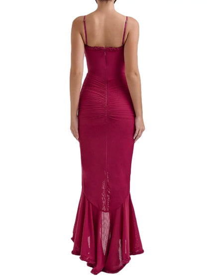 Glamorous Sweetheart Neck Spaghetti Strap Ruched Ruffle-Trimmed High-Low Mermaid Evening Dress