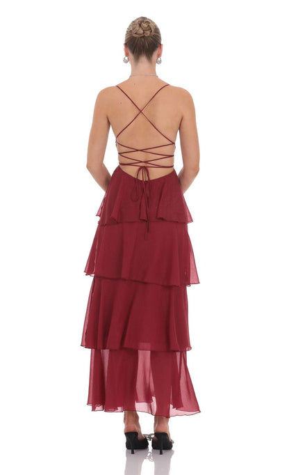 Glamorous Tiered A-Line Spaghetti-Strap Lace-Up-Back Burgundy Glitter-Chiffon Midi-Length Prom Dresses