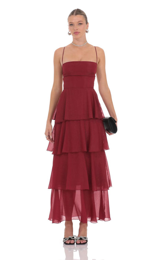 Glamorous Tiered A-Line Spaghetti-Strap Lace-Up-Back Burgundy Glitter-Chiffon Midi-Length Prom Dresses