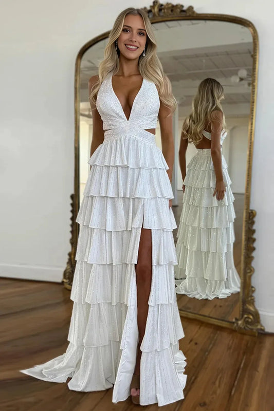 Glamorous Tiered Ruffle Halter Neck Cutout High-Slit Floor-Length Evening Dress