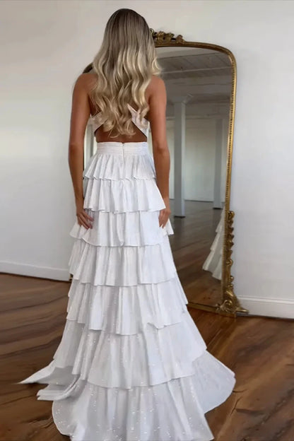Glamorous Tiered Ruffle Halter Neck Cutout High-Slit Floor-Length Evening Dress