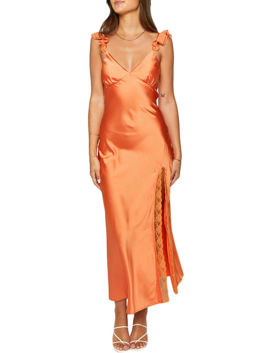 Glamorous V-Neck Ruffled Strap Lace-Trimmed High-Slit Satin Midi Evening Dress