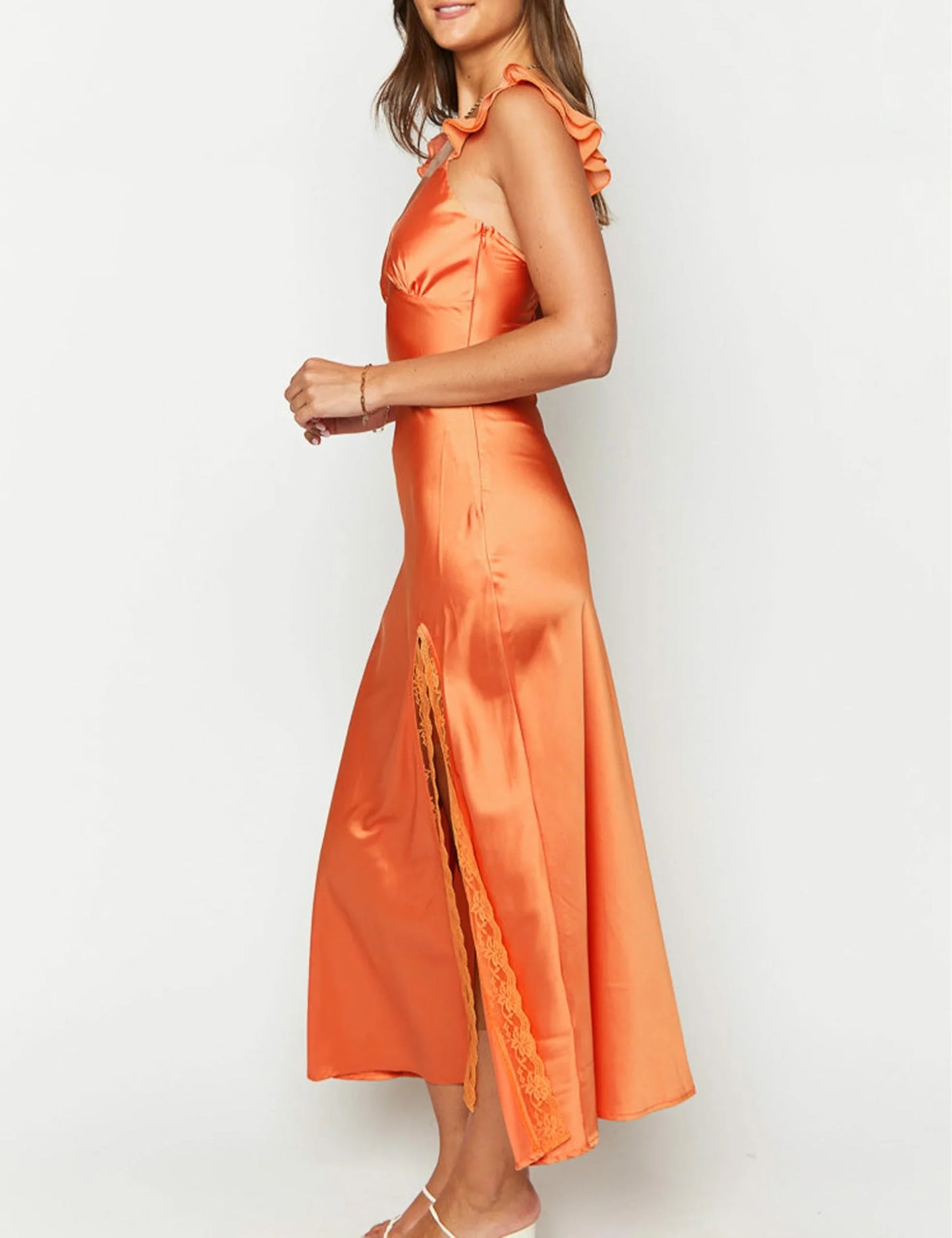 Glamorous V-Neck Ruffled Strap Lace-Trimmed High-Slit Satin Midi Evening Dress