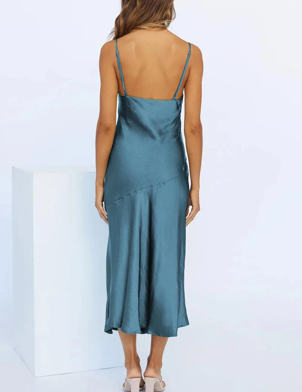 Glamorous V-Neck Spaghetti Strap Asymmetric Hem Satin Midi Evening Dress
