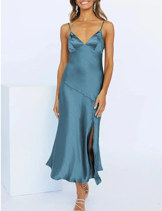 Glamorous V-Neck Spaghetti Strap Asymmetric Hem Satin Midi Evening Dress