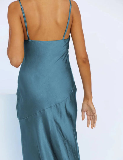 Glamorous V-Neck Spaghetti Strap Asymmetric Hem Satin Midi Evening Dress