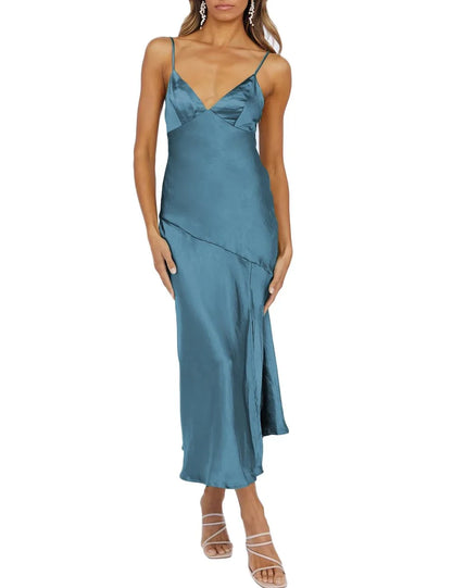 Glamorous V-Neck Spaghetti Strap Asymmetric Hem Satin Midi Evening Dress