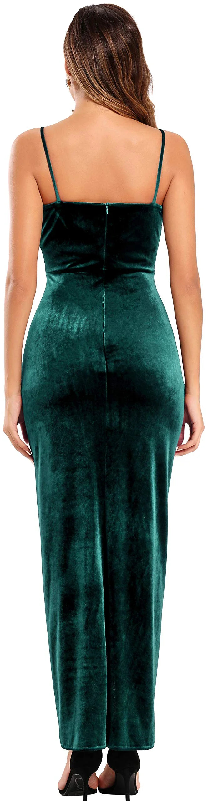 Glamorous V-Neck Spaghetti Strap Ruched High-Slit Velvet Maxi Evening Dress
