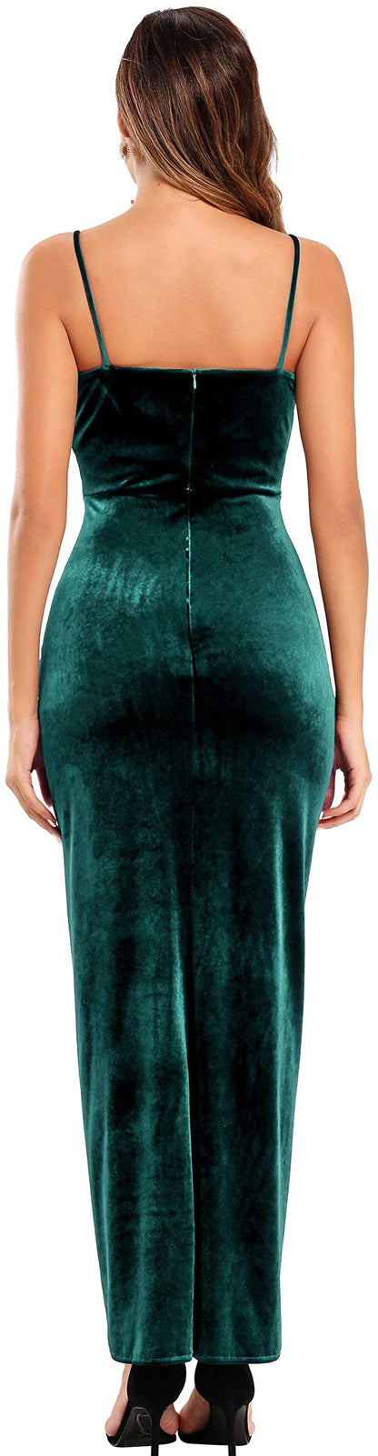 Glamorous V-Neck Spaghetti Strap Ruched High-Slit Velvet Maxi Evening Dress