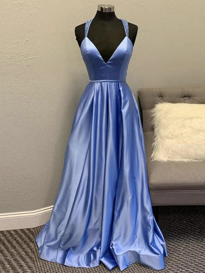 Glamorous A-Line Deep V Satin Periwinkle Floor-Length Prom Dress