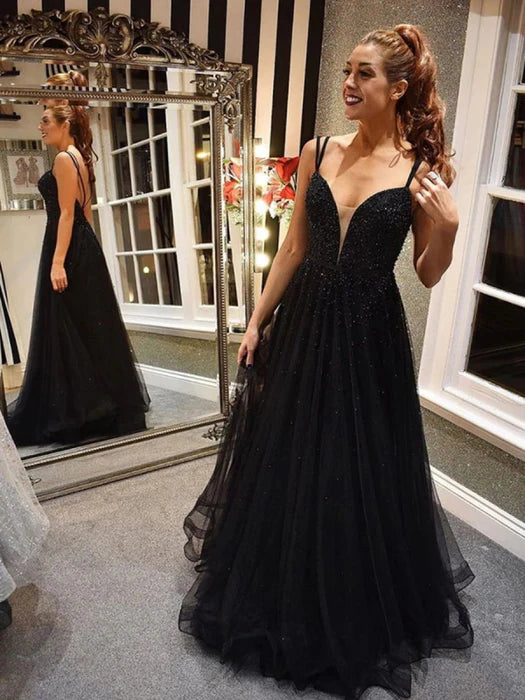 Glamorous A-Line Deep V Spaghetti Strap Beaded Black Prom Dress