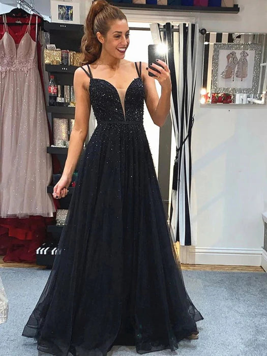 Glamorous A-Line Deep V Spaghetti Strap Beaded Black Prom Dress