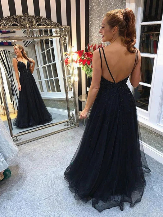 Glamorous A-Line Deep V Spaghetti Strap Beaded Black Prom Dress