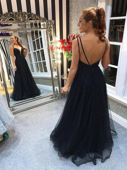 Glamorous A-Line Deep V Spaghetti Strap Beaded Black Prom Dress