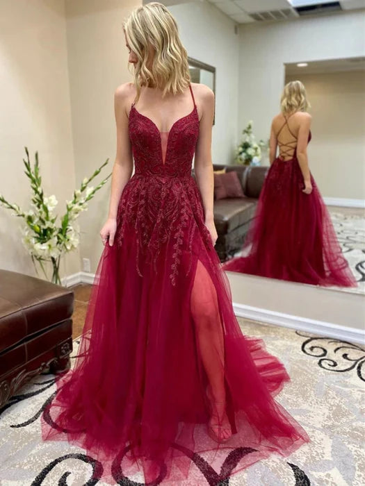 Glamorous A-Line Deep V Spaghetti Strap Lace Burgundy Prom Dress