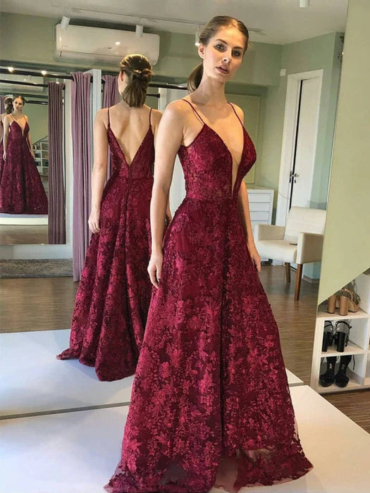 Glamorous A-Line Deep V Spaghetti Strap Lace Burgundy Prom Dress
