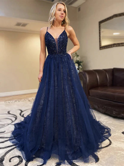 Glamorous A-Line Deep V Spaghetti Strap Lace Navy Blue Prom Dress