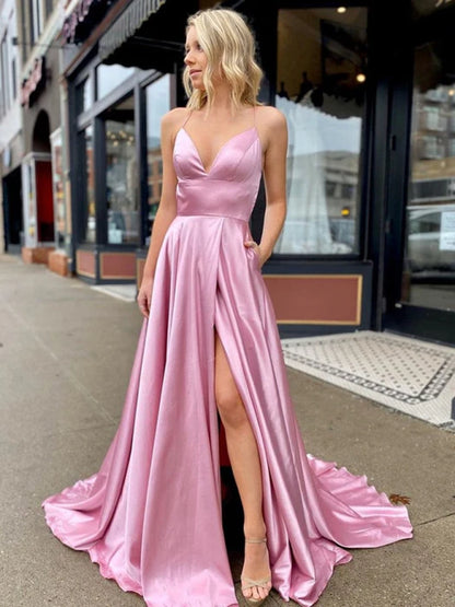 Glamorous A-Line Deep V Spaghetti Strap Satin Pink Floor-Length Prom Dress