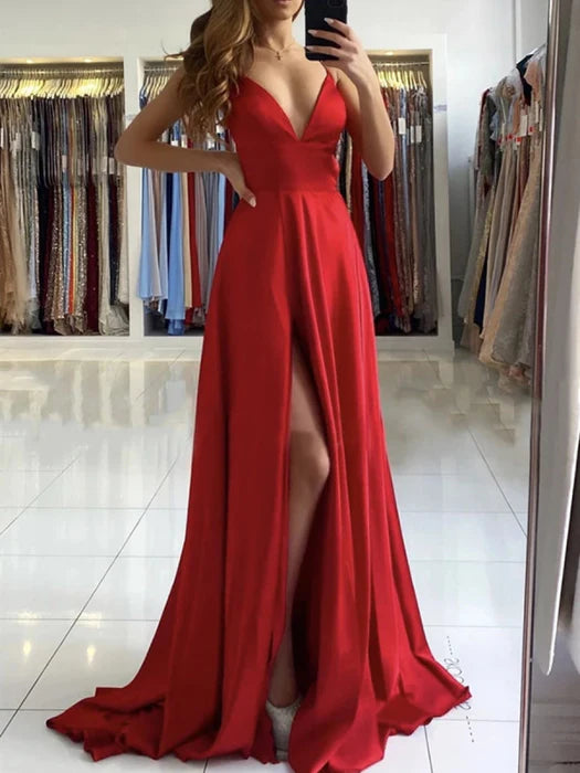 Glamorous A-Line Deep V Spaghetti Strap Satin Red Floor-Length Prom Dress