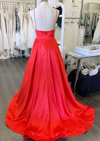 Glamorous A-Line Deep V Spaghetti Strap Satin Red Floor-Length Prom Dress