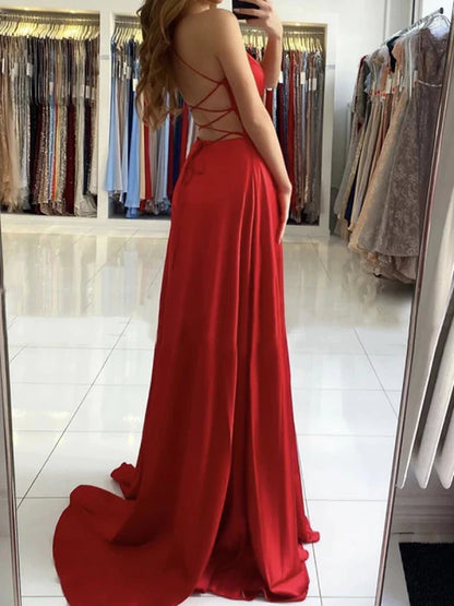 Glamorous A-Line Deep V Spaghetti Strap Satin Red Floor-Length Prom Dress
