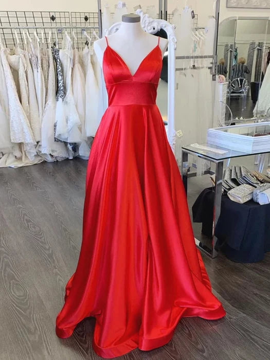 Glamorous A-Line Deep V Spaghetti Strap Satin Red Floor-Length Prom Dress
