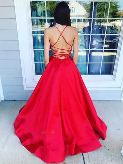 Glamorous A-Line Deep V Spaghetti Strap Satin Red Prom Dress