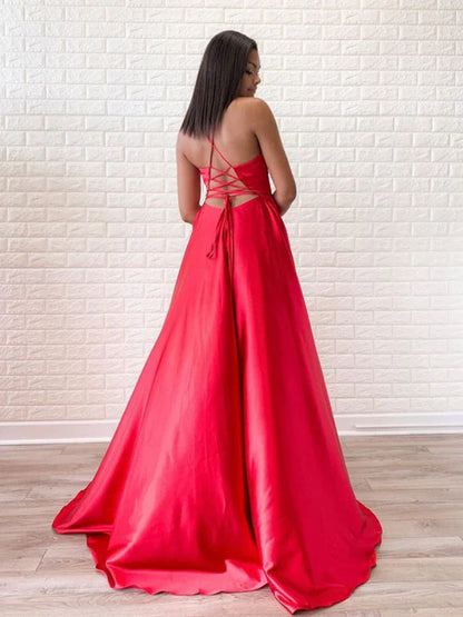 Glamorous A-Line Deep V Spaghetti Strap Satin Red Prom Dress