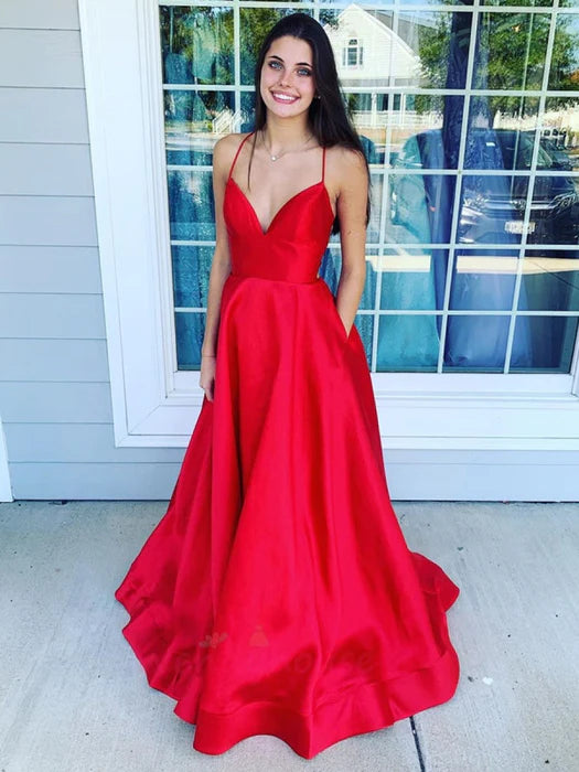 Glamorous A-Line Deep V Spaghetti Strap Satin Red Prom Dress