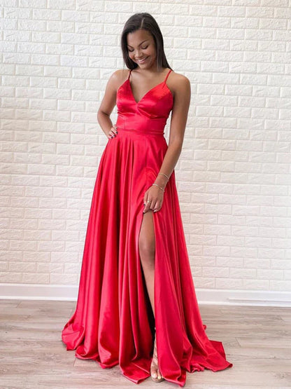 Glamorous A-Line Deep V Spaghetti Strap Satin Red Prom Dress