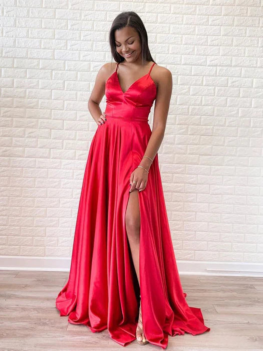 Glamorous A-Line Deep V Spaghetti Strap Satin Red Prom Dress