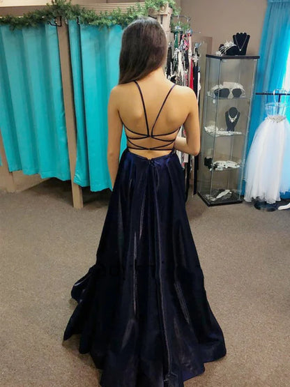 Glamorous A-Line Deep V Spaghetti Strap Velvet Navy Blue Prom Dress