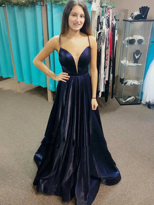 Glamorous A-Line Deep V Spaghetti Strap Velvet Navy Blue Prom Dress
