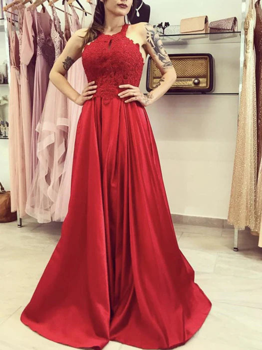 Glamorous A-Line Halter Neck Sleeveless Lace Red Floor-Length Prom Dress