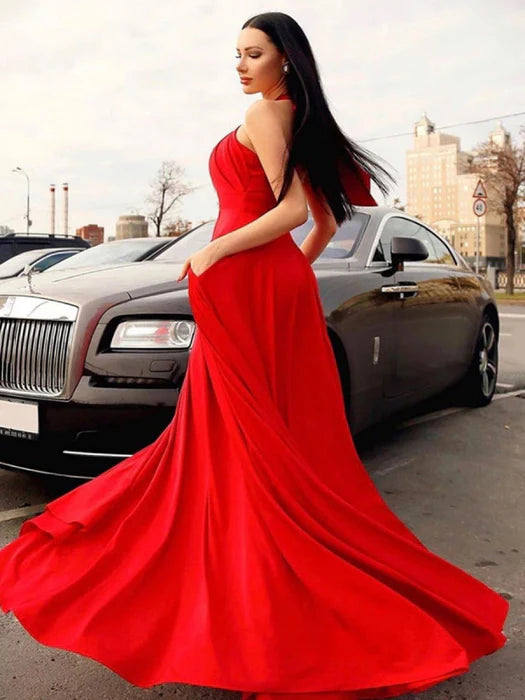 Glamorous A-Line Halter Neck Sleeveless Satin Red Prom Dress