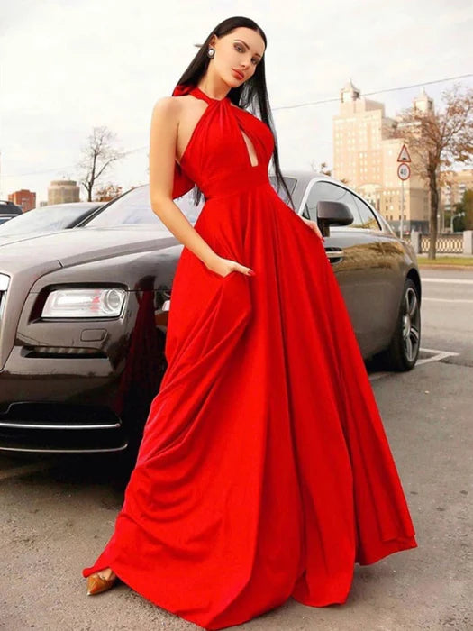 Glamorous A-Line Halter Neck Sleeveless Satin Red Prom Dress