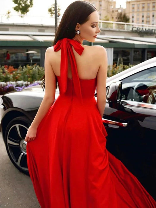 Glamorous A-Line Halter Neck Sleeveless Satin Red Prom Dress