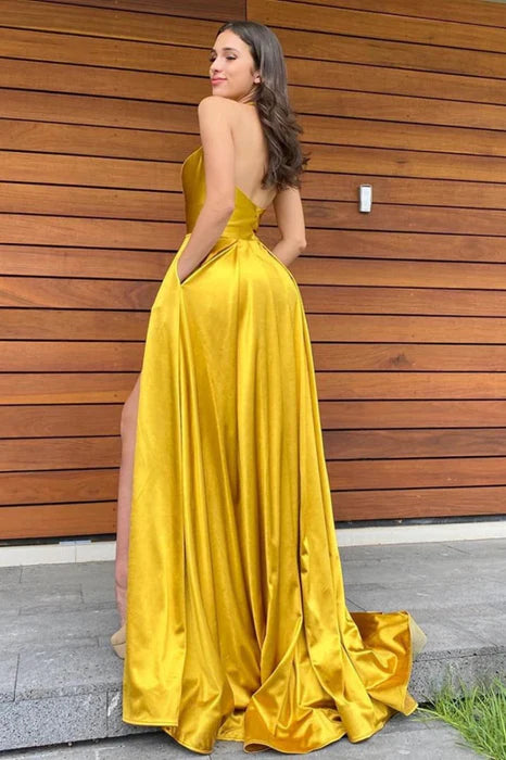 Glamorous A-Line Halter Sleeveless Satin Gold Floor-Length Prom Dress