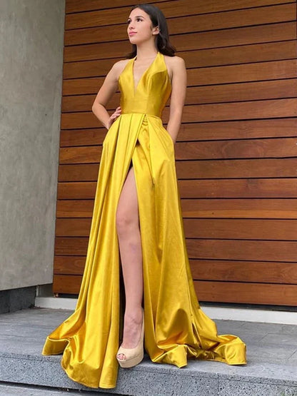 Glamorous A-Line Halter Sleeveless Satin Gold Floor-Length Prom Dress