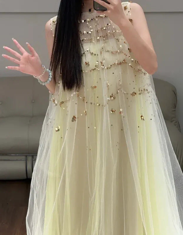 Glamorous A-Line Halter Sleeveless Sequin-Accent Yellow Long Prom Dress for Women For Sale