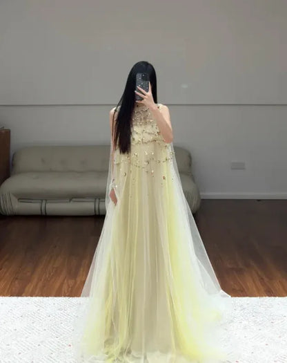 Glamorous A-Line Halter Sleeveless Sequin-Accent Yellow Long Prom Dress for Women For Sale