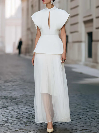 Glamorous A-Line High Neck Cape Sleeve Keyhole White Ankle-Length Prom Dresses