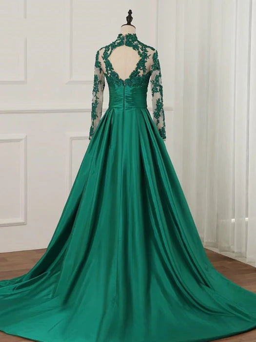 Glamorous A-Line High Neck Lace Emerald Floor-Length Evening Dress