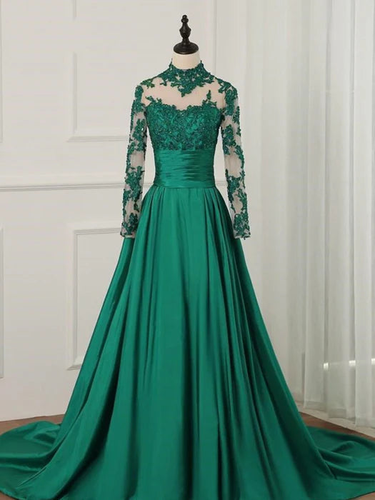 Glamorous A-Line High Neck Lace Emerald Floor-Length Evening Dress