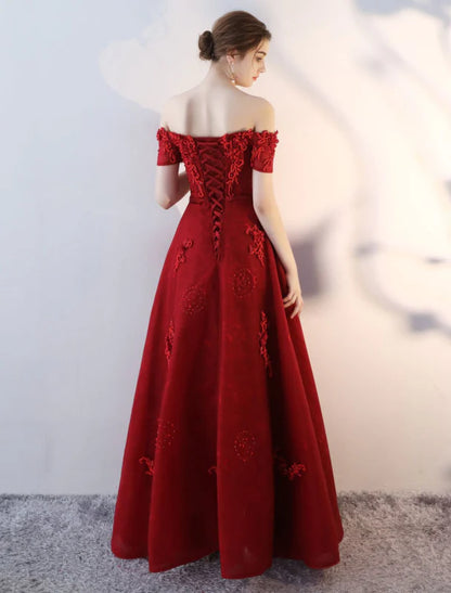 Glamorous A-Line Off-Shoulder Lace Red Floor-Length Evening Dress