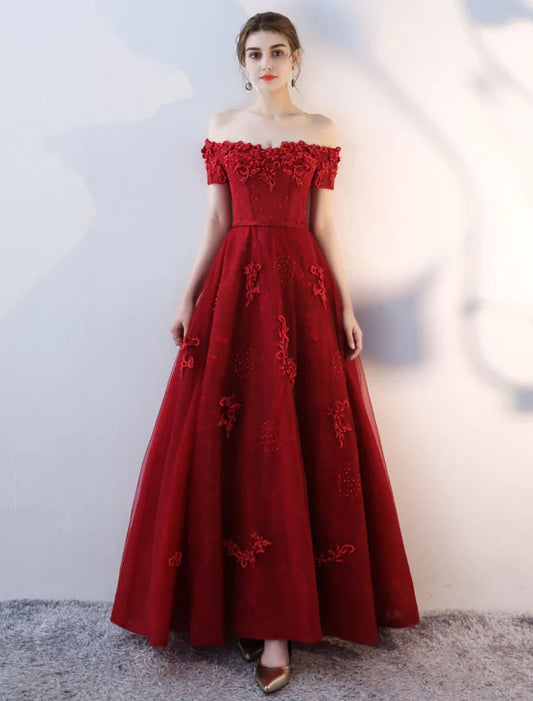 Glamorous A-Line Off-Shoulder Lace Red Floor-Length Evening Dress