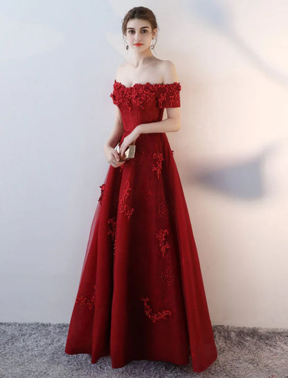 Glamorous A-Line Off-Shoulder Lace Red Floor-Length Evening Dress